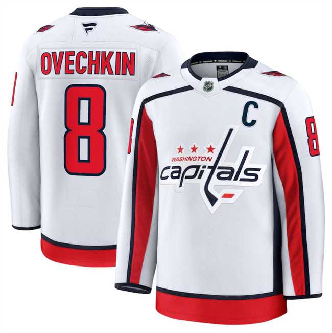 Mens Washington Capitals #8 Alexander Ovechkin White 2024-25 Away Stitched Hockey Jersey Dzhi